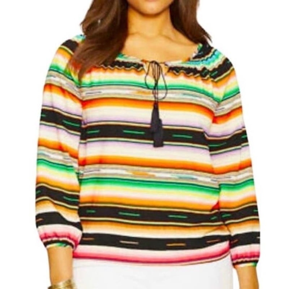 Lauren Ralph Lauren Loose Serape Striped Tassel Shirt Top Petite Large